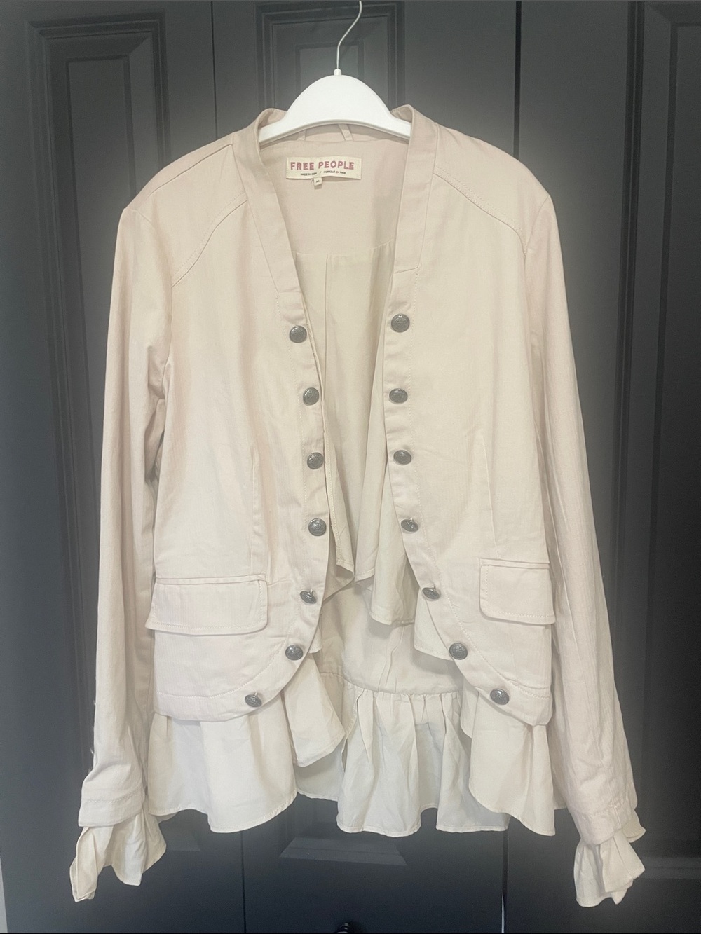 Free People Ruffled Romance Light Cream Ruffle-Hem Military Button Jacket